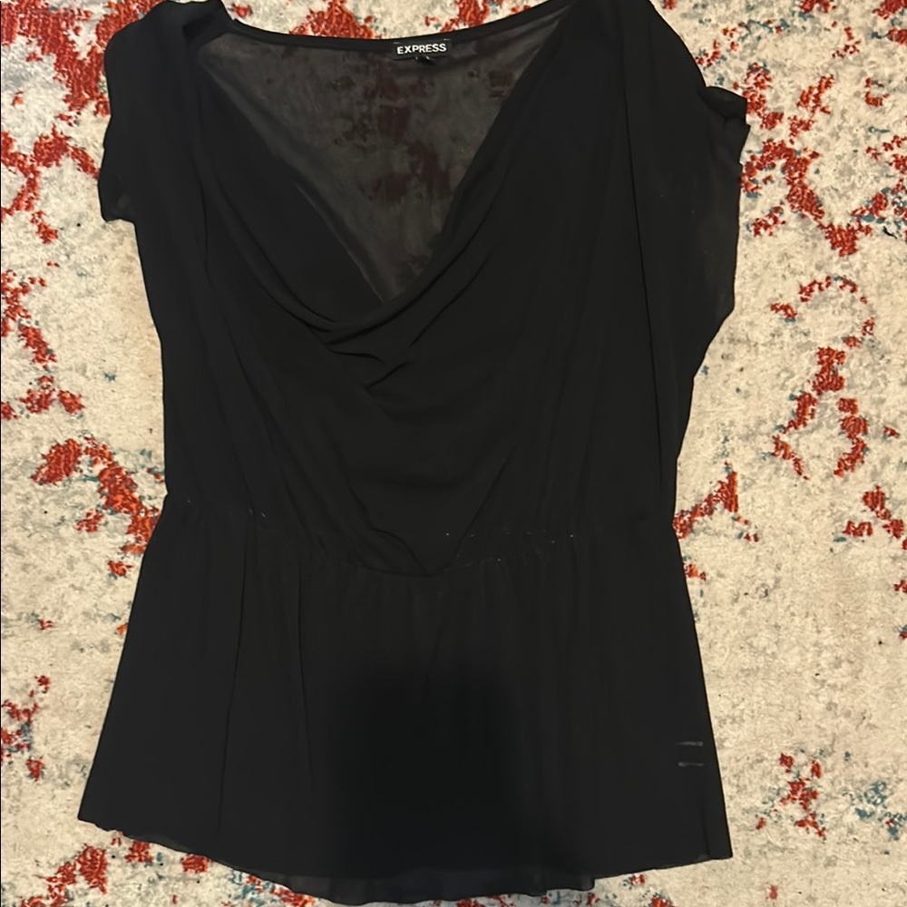 Express Black Fitted Asymmetrical Cap Sleeve Blouse